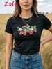 Strawberry Bouquet Printed Women's T-shirt Crop Top Sweet Fruit-Themed Short Sleeve with Red Green Strawberries Women's Clothing