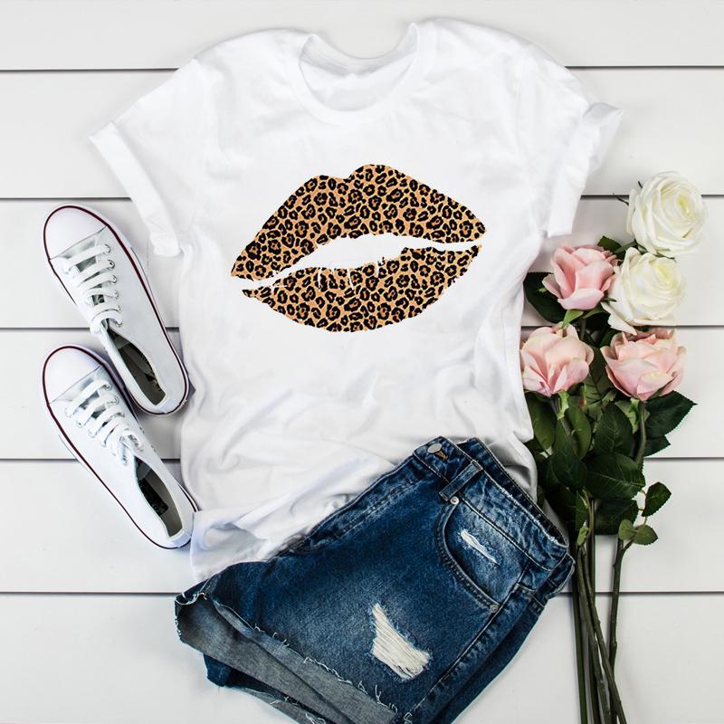 Women Lips Leopard Gold Glitter Print Trendy Graphic Designs T Shirt For Lady Shirt Harajuku O