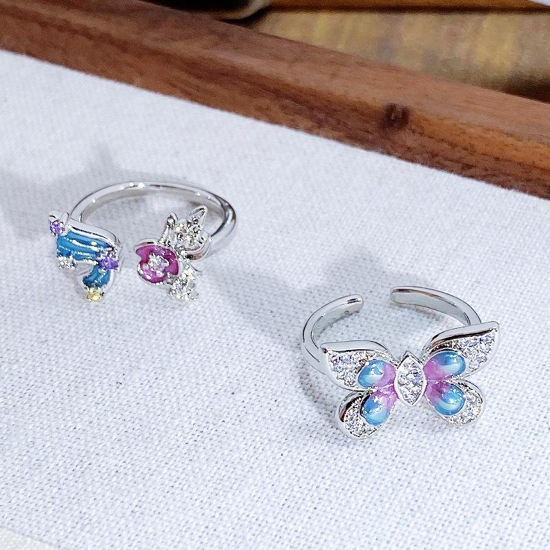 Farbsinfonie Blau Lila Emaille Öltropfen Schmetterling Öffnungsring Süße Persönlichkeit Stapelbar Nische Hoher Sinn Ring Frau