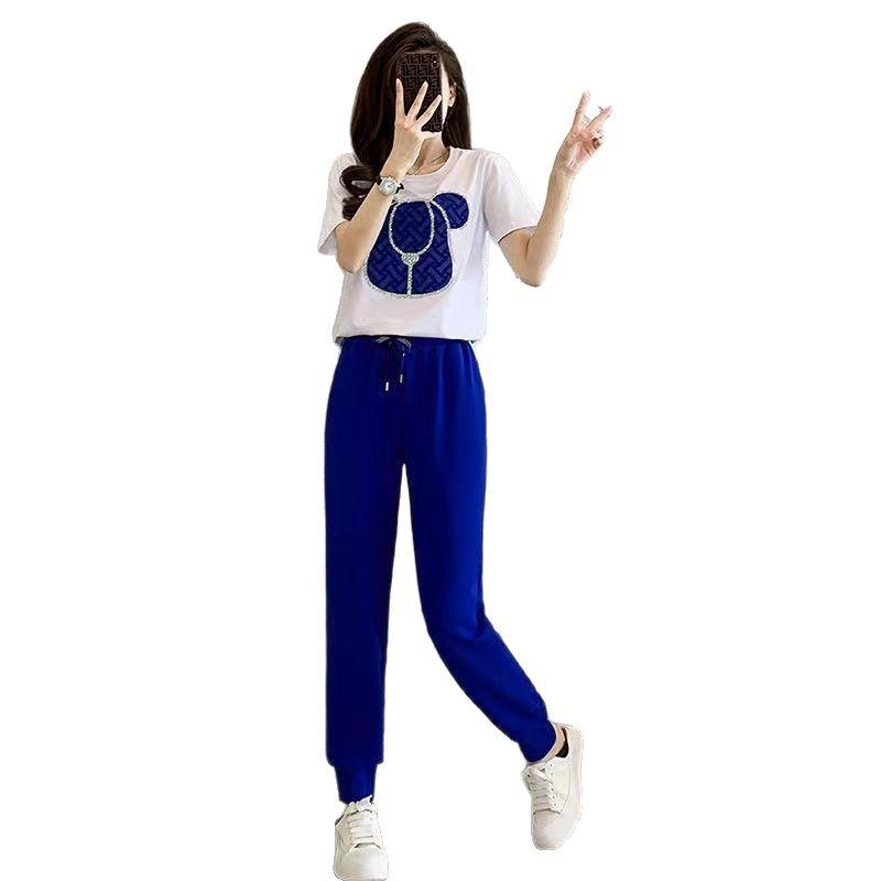 Fashionable Sports Suit for Women in Summer, Age-reducing, Versatile Short-sleeved Casual Trousers Two-piece Set