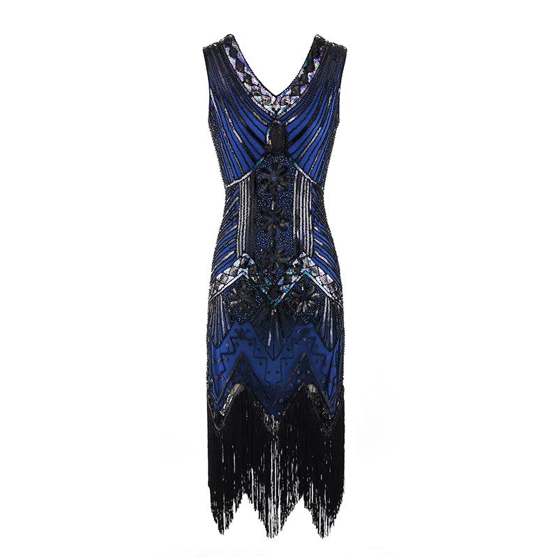 Retro Sequined Beaded Dress Front and Rear Deep V-neck Fashionable Fringed Dress, Popular Evening Dress