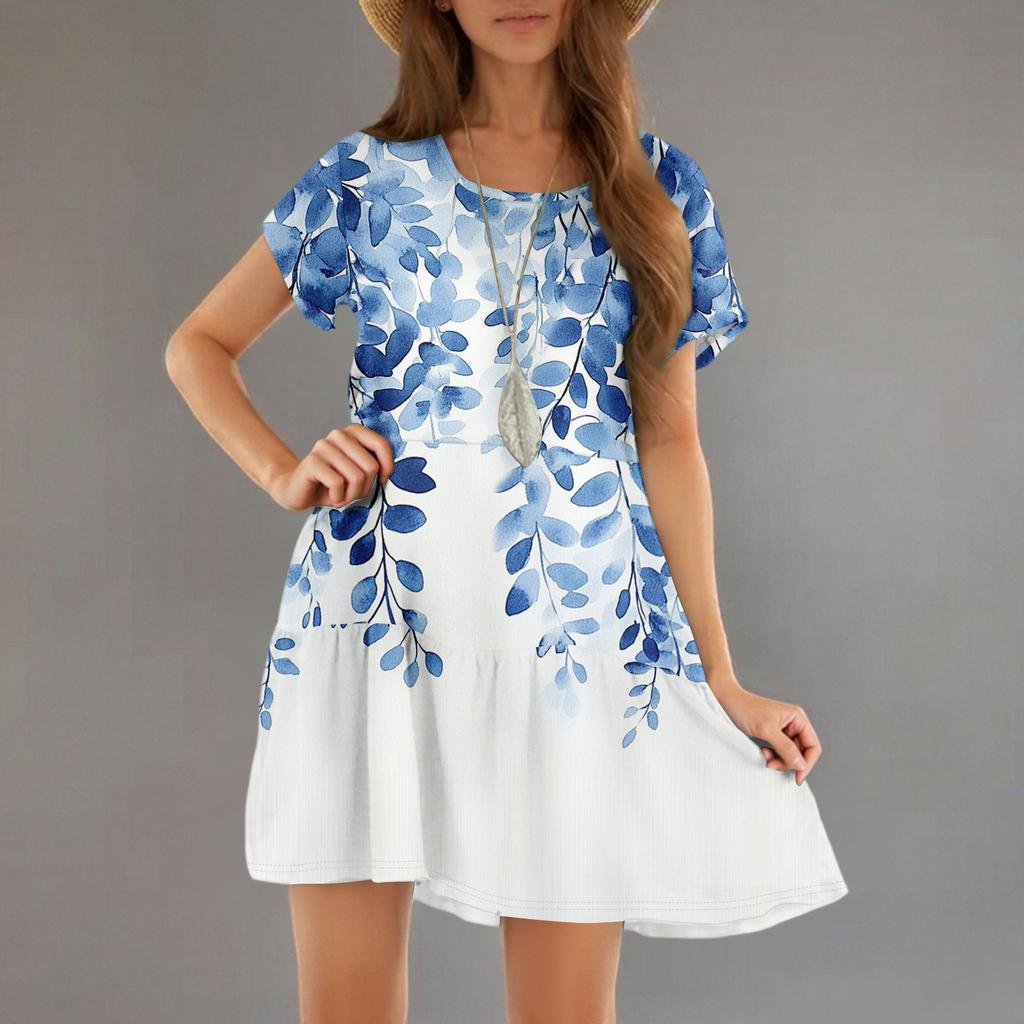 Women's Fashion Casual Round Neck Short Sleeve Ruffle Gradient Printed Dresses