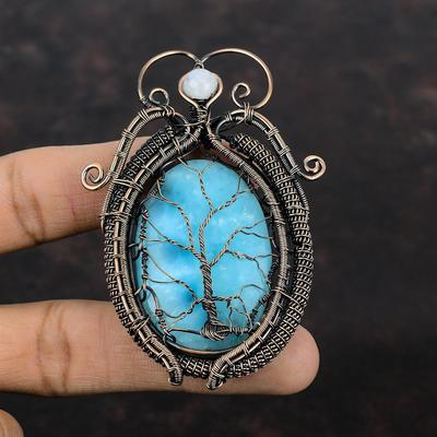 Tree Of Life Larimar Pendant Copper Wire Wrapped Pendant Rainbow Moonstone Gemstone Pendant Copper Jewelry For Gift Handmade Antique Jewelry