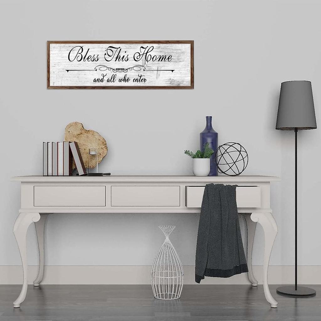 Bless This Home and All Who Enter Wood Frame Sign Rusitc Wood Hanging Plaque Farmhouse Wooden Signs for Home Decor 6x20In, 15x50cm