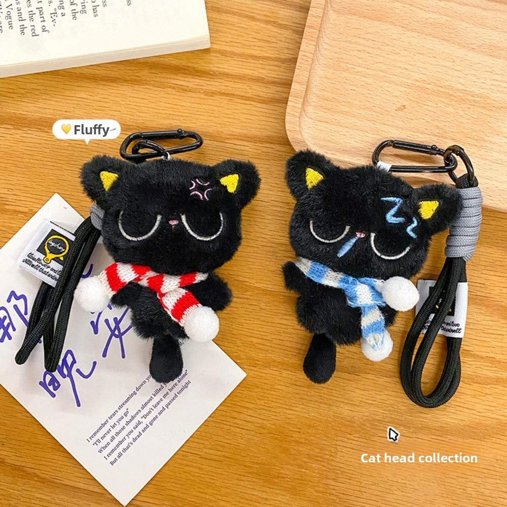 Stripe Scarf Black Cat Plush Keychain Soft Car Key Ring Doll Bag Pendant School Bag Decoration
