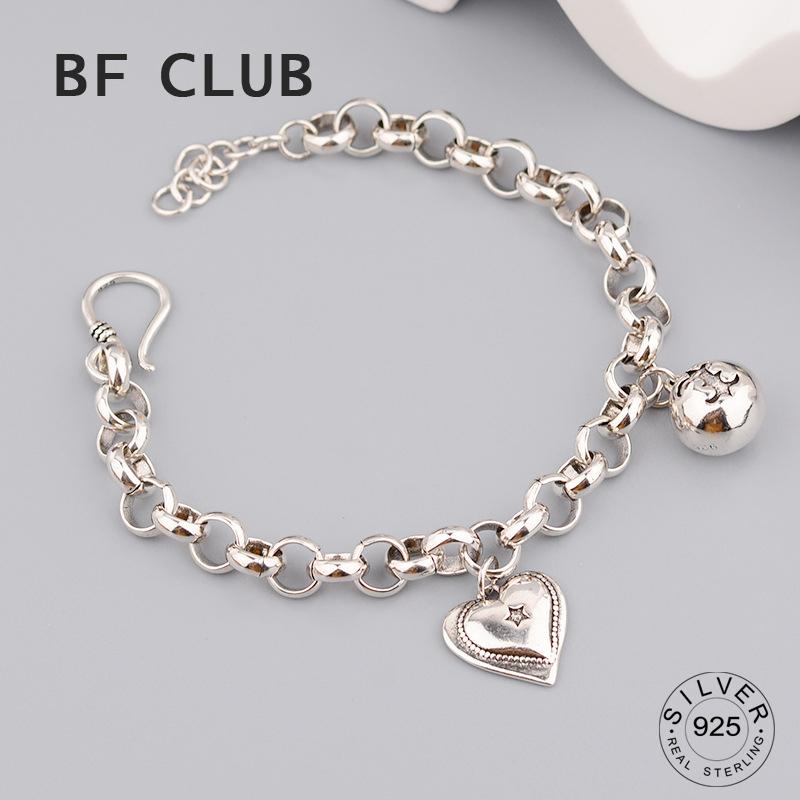 BFCLUB Silver Color Hiphop Thick Heart Ball Bracelet for Women Men Vintage Handmade Hasp Bracelet Birthday Gift S-B451