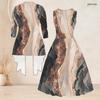Women Plus Size Two Piece Dress Set 3 4 Sleeve Open Cardigan Sleeveless Round Neck Tie Waist Flared Dress Striped Printed