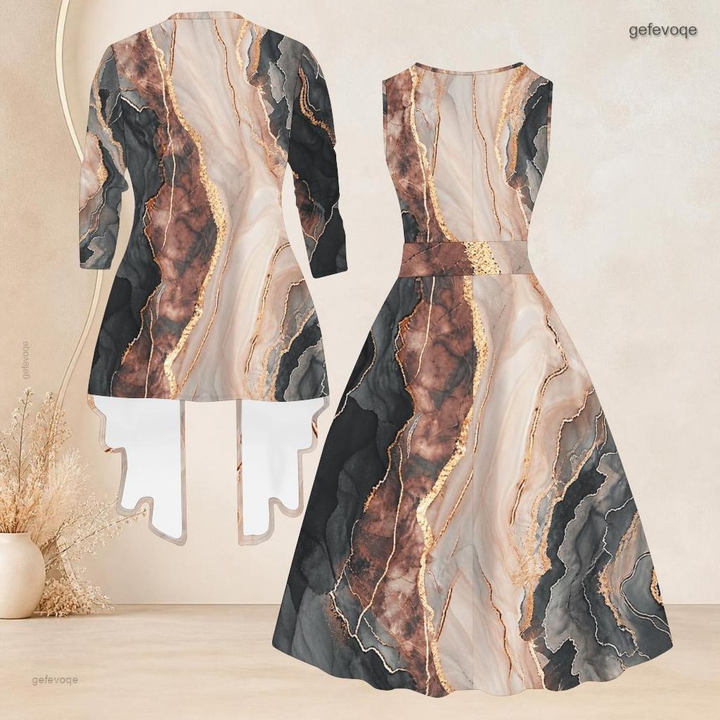 Women Plus Size Two Piece Dress Set 3 4 Sleeve Open Cardigan Sleeveless Round Neck Tie Waist Flared Dress Striped Printed