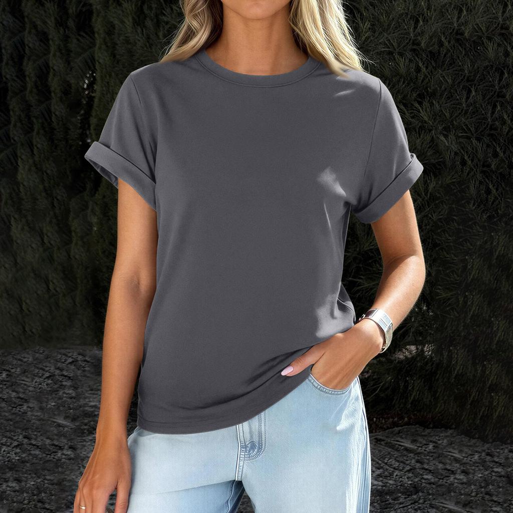 Womens  Casual Rolled Short Sleeve Basic Tees Fashion Tops