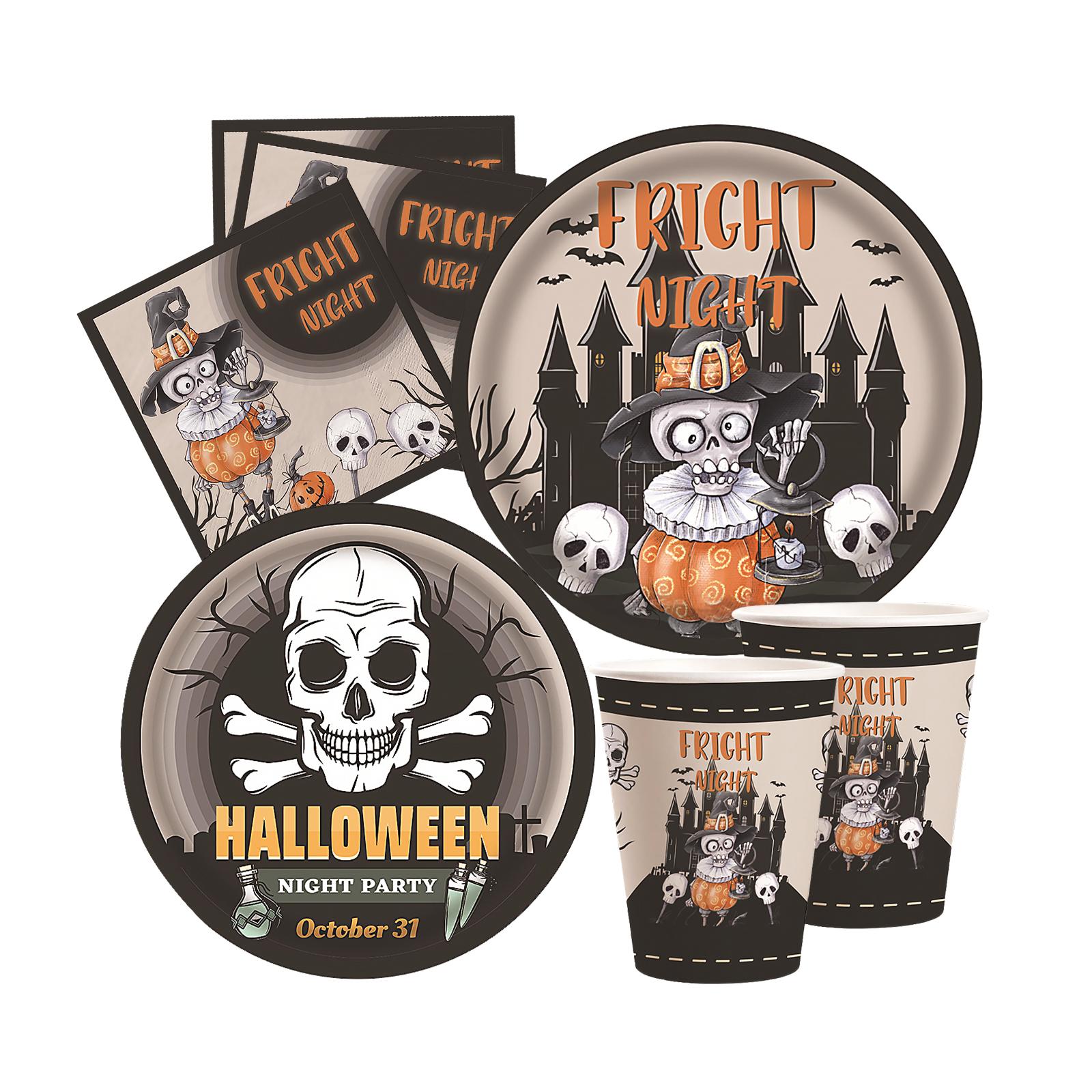 

16 гостей, 64 шт., одноразовая посуда на Хэллоуин, тарелки, чашки, набор салфеток, страшный череп, одноразовая бумага разноцветный