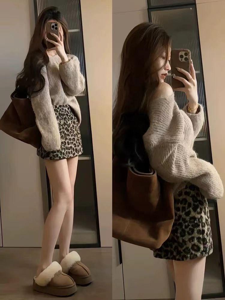 Autumn/Winter High-Waist Leopard Mini Skirt: A-Line, Thickened, Sexy Lambswool for Petite Women