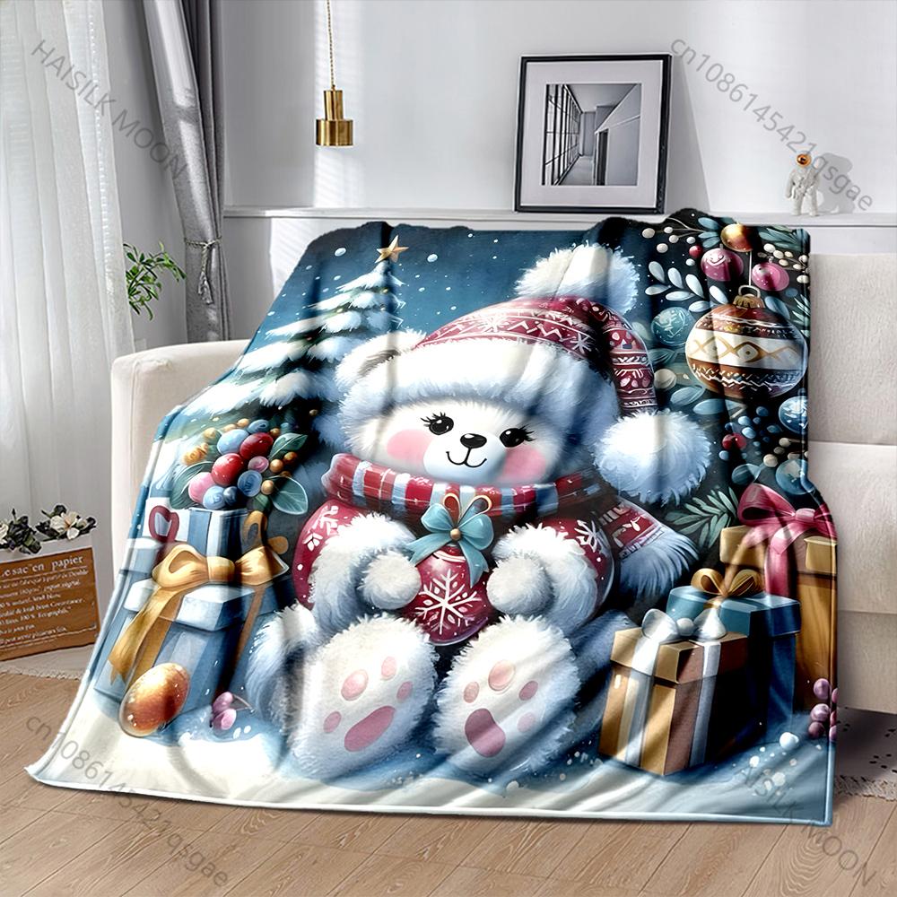 Festive Bear with Christmas Decor Pattern Blanket Flannel Material Soft Warm for All Seasons Home Outdoor Camping Picnics RV