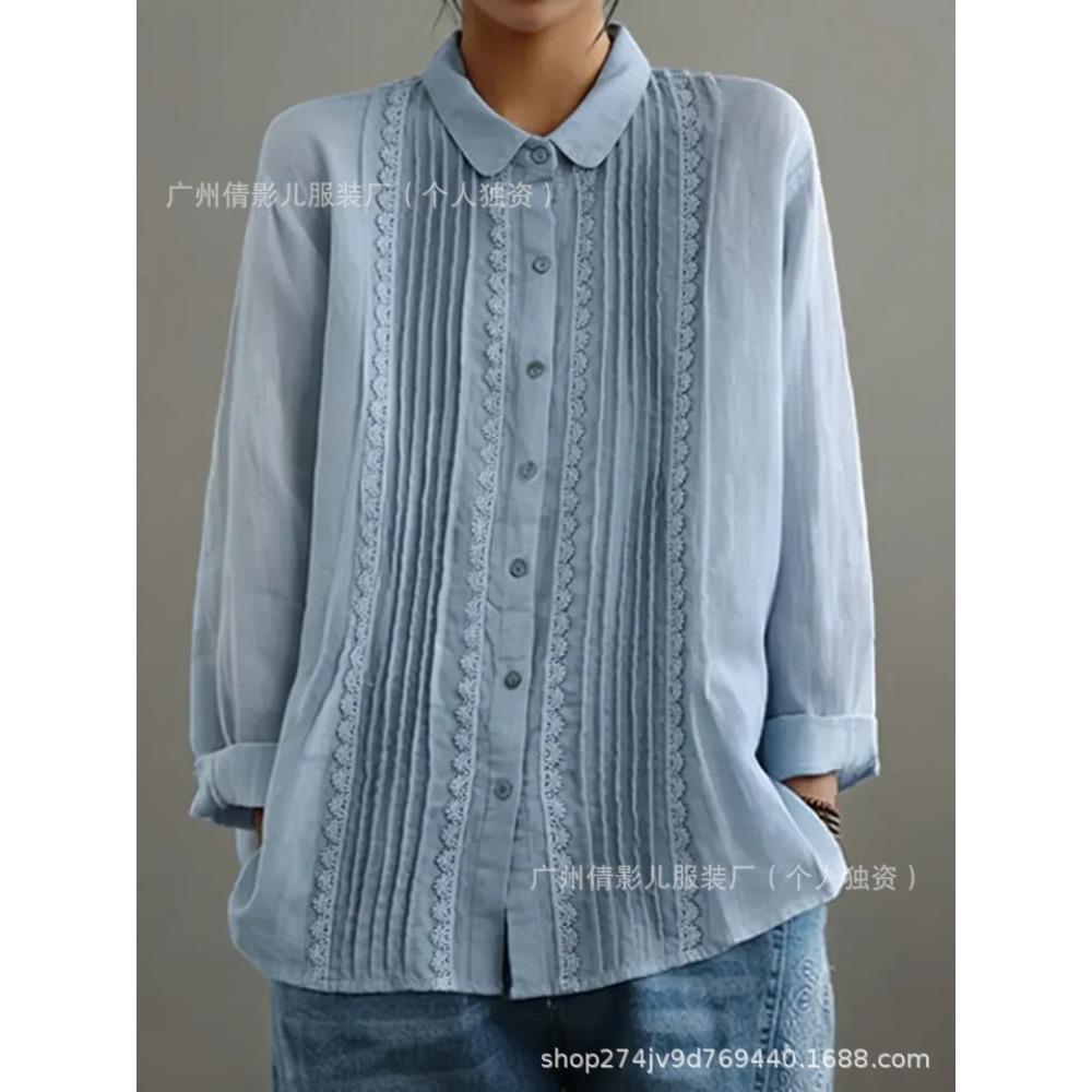 European and American Artistic Style Loose Striped Lace Trim Cotton-linen Long-sleeve Women's Shirt Top