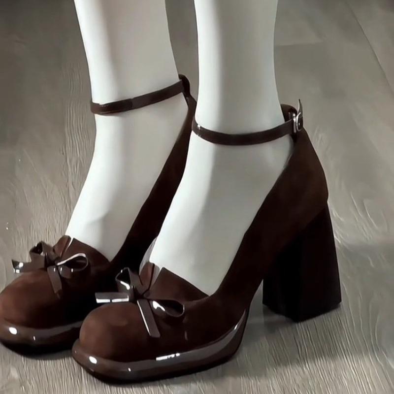 French Vintage High Heels Women's New 2025 Small Size Bow Knot Slip-On Thick Heel Single Shoes Round Toe Polyurethane Cushioning