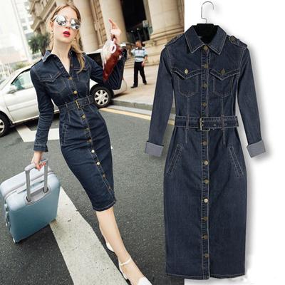 Femei Iarna Office Slim Jeans Rochie Mid-Mansete Cu Curea Pentru Femei Rochie Jeans