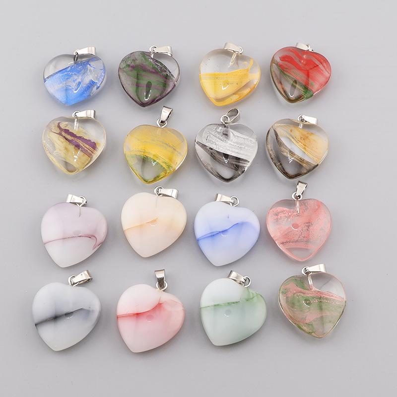 Heart-Shaped Crystal Glass Pendant Necklace with Colorful Natural Stone Accents