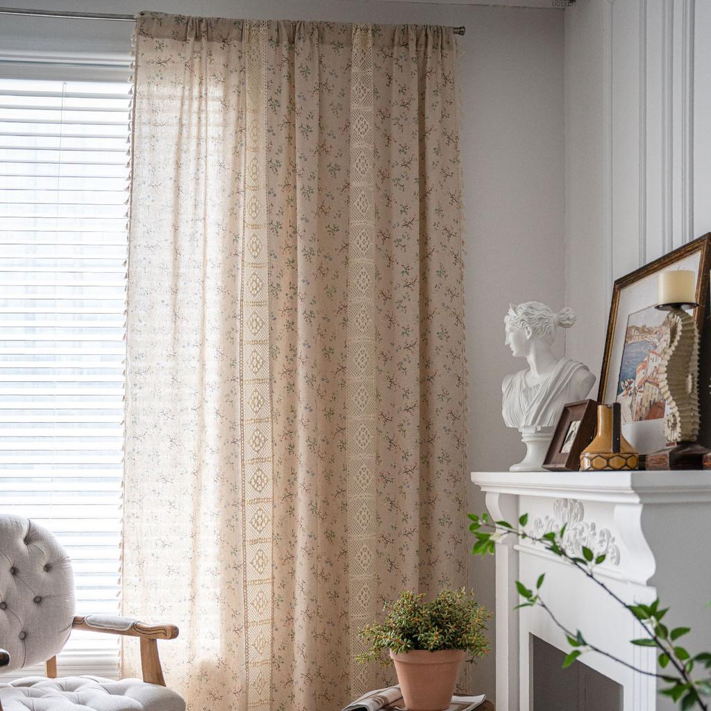 Curtain Lanju Finished Product Printed Hollow Splicing American Kitchen Semi Blackout Curtain Tassel