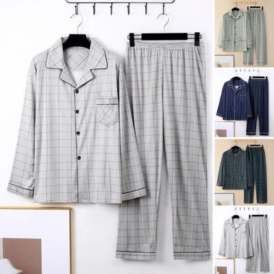 2Pcs/Set Men Pajamas Set Plaid Print Lapel Long Sleeve Single Breasted Shirt Elastic