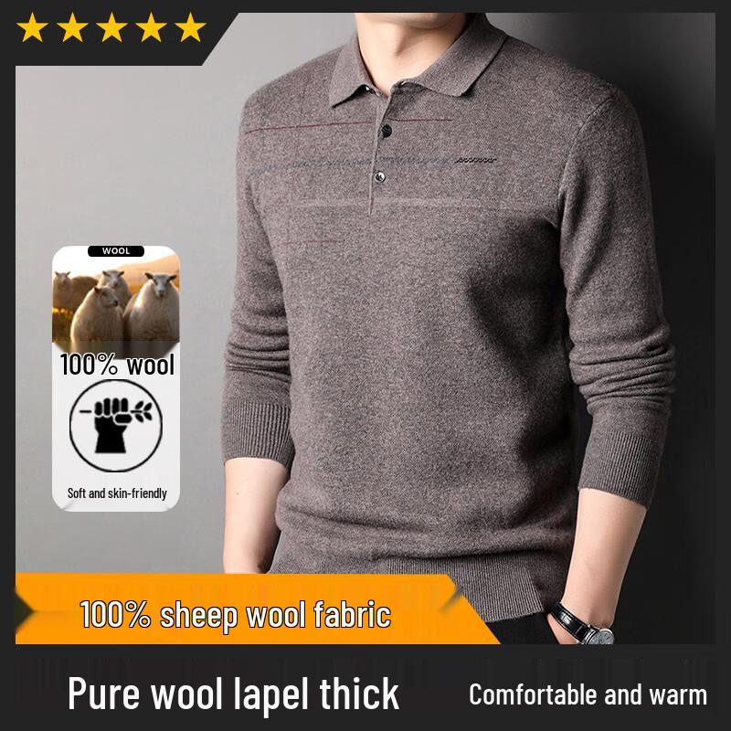 Hengyuanxiang Men's Pure Wool Turn-Down Collar Pullover Sweater