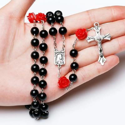 6MM Katholische Glasperlen Rosenkranz Halskette für Frauen Rote Rose Lange Kette Kruzifix Kreuz INRI Anhänger Männer Religiöser Gebetsschmuck