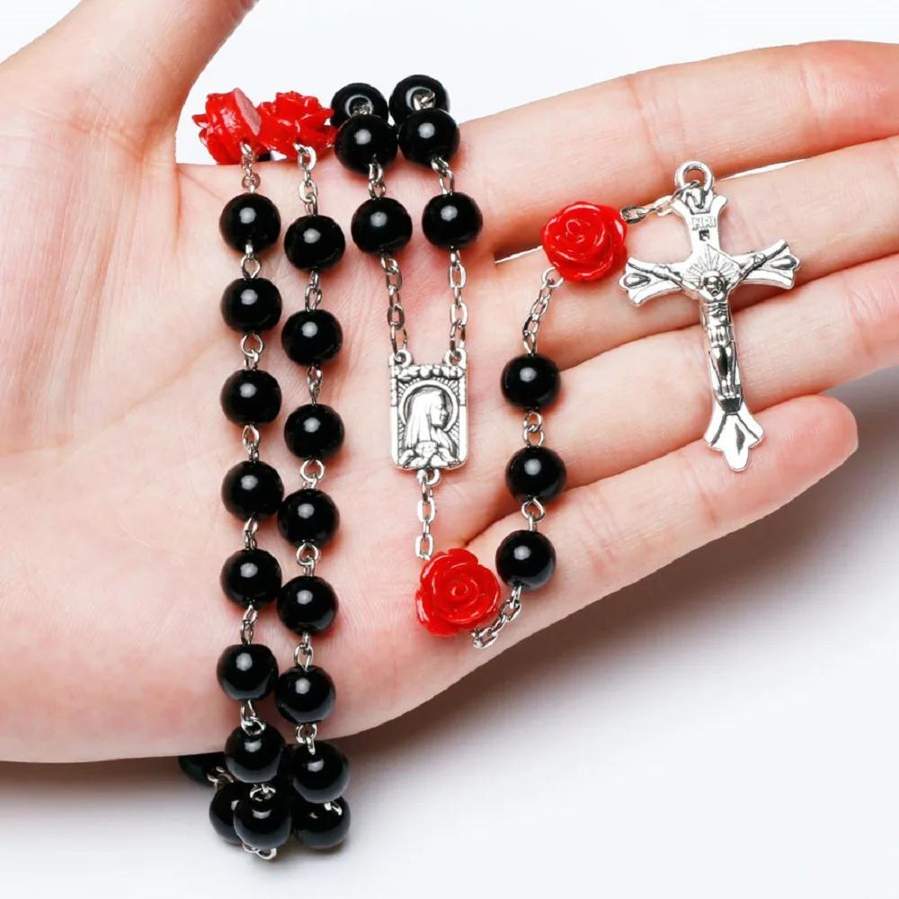 6MM Glass Beads Rosary Necklace For Women Crucifix Cross INRI Pendant Long Red Rose Chain Choker Female Religious Prayer Jewelry