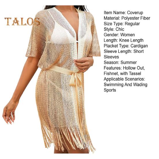 Women Beach Dress Hollow Out Fishnet Lace-up Strap Beachwear with Tassel Gradient Color Coverup Long Sleeve Sun Protection Lady Bikini Swimsuit