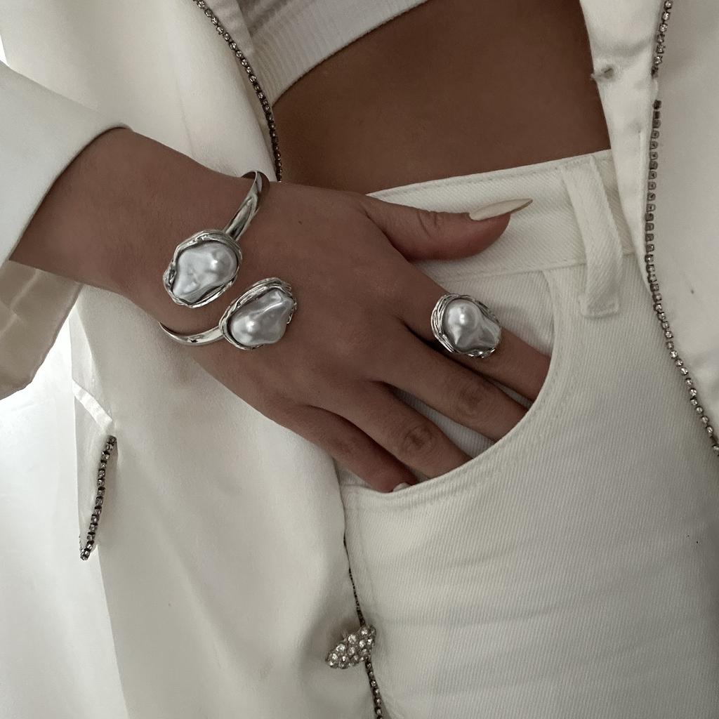 DIEZI French Style Baroque Imitation Zircon Torque Necklace Bangle Ring Set For Women Punk Gold copper Color Clavicle Zircon Set