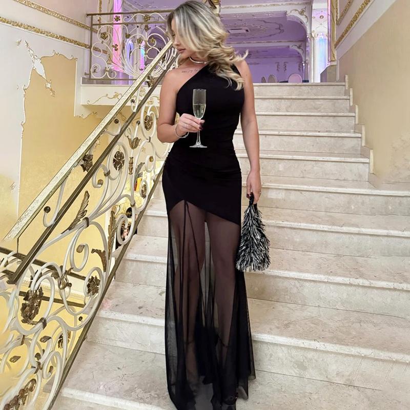 Off Shoulder See Through Dress Solid High Waist Patchwork Backless Slim Long Dress Women Vacation Party Evening Dresses