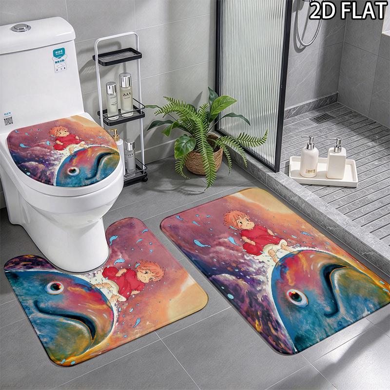 3pcs Ponyo2 Pattern Flannel Nonslip Absorbent Washable Decorative Bathroom Home Toilet Seat Cover Mat