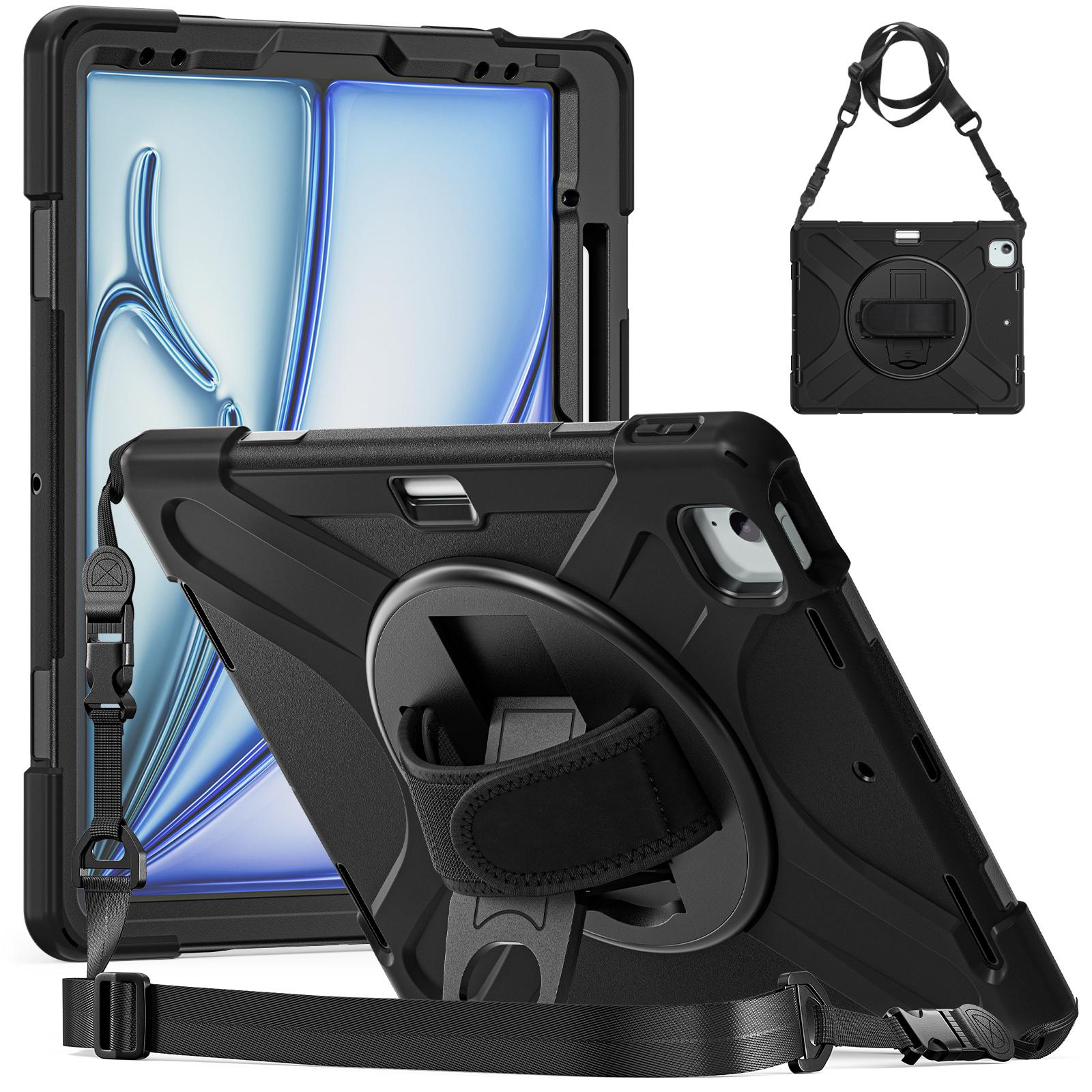 

For iPad Air 11 (2025)/(2024) Case with Shoulder Strap TPU+PC+Silicone Kickstand Tablet Cover Black
