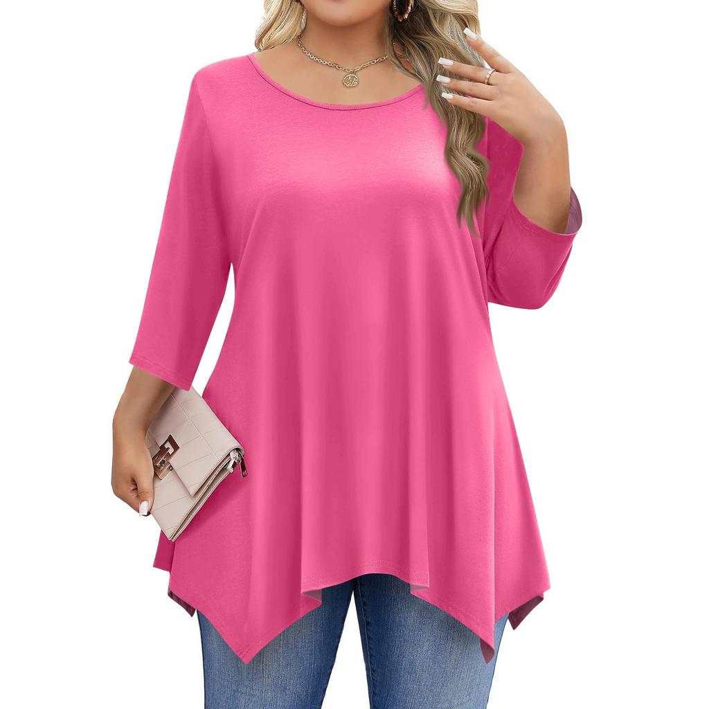 Womens Plus Size 3/4 Sleeve Shirts  Round Neck Tunic Tops Basic Loose Fit Tee Tops L-5XL