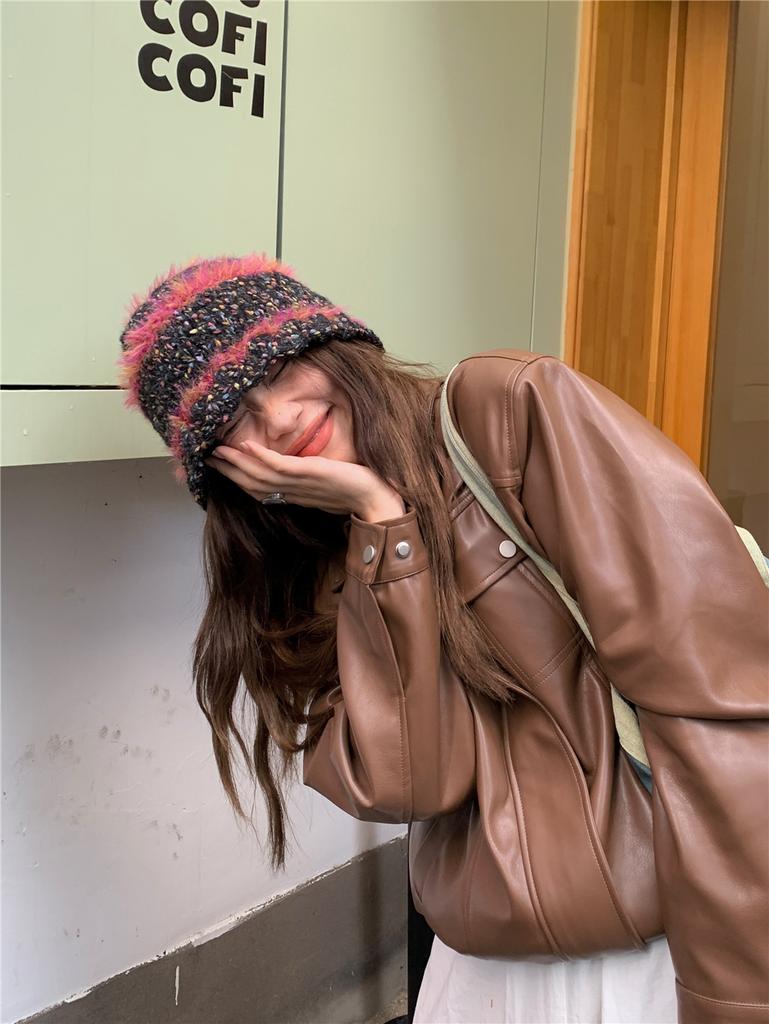 Dopamine Color Retro Knitted Bucket Hat Women's Autumn and Winter Face Small Warm Versatile Wool Hat Tide