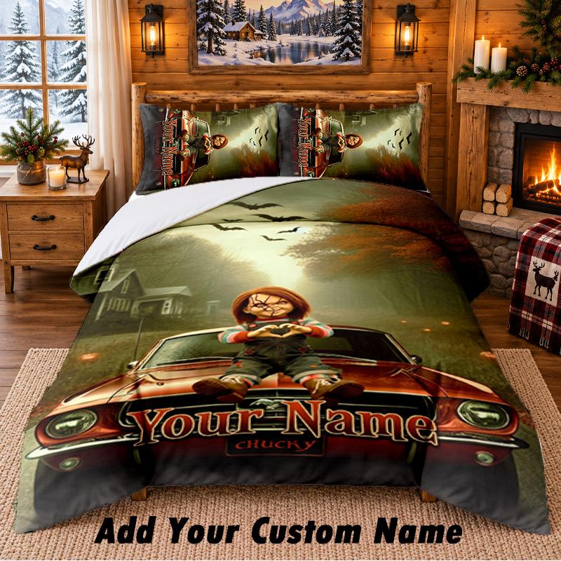 Chucky Tiffany Custom Name 3-teiliges Bettwäsche-Set 1 Bettlaken 2 Kissenbezüge Schlafzimmer Heimdekoration
