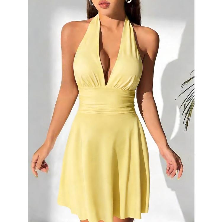 Women’s Laced V-neck Fitted Pleated Mini Skirt Sexy Backless Pleated Laced Dress