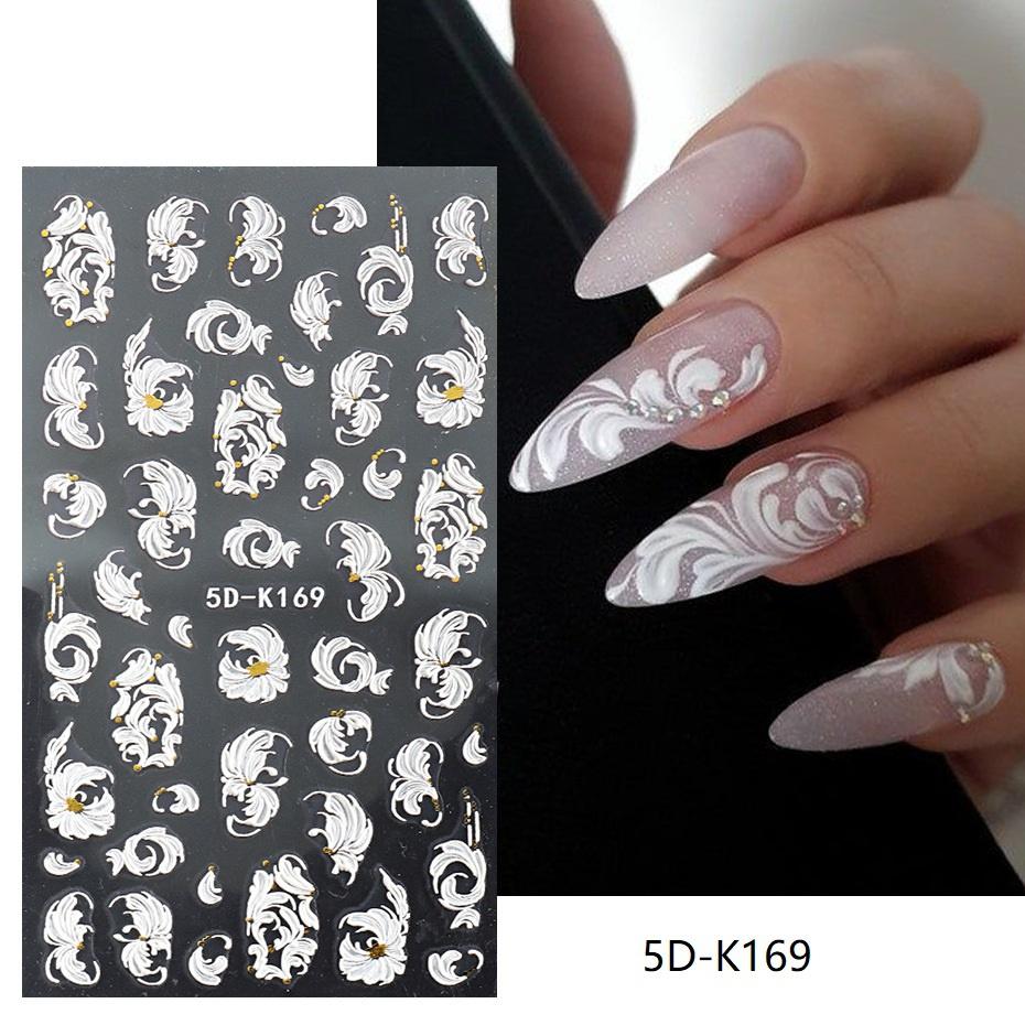 Bröllopsnagelklistermärke Spets Bröllopsdesign 5D Akryl Blommor präglad skjutreglage för naglar Fransk Nail Art Guide Guldfolie