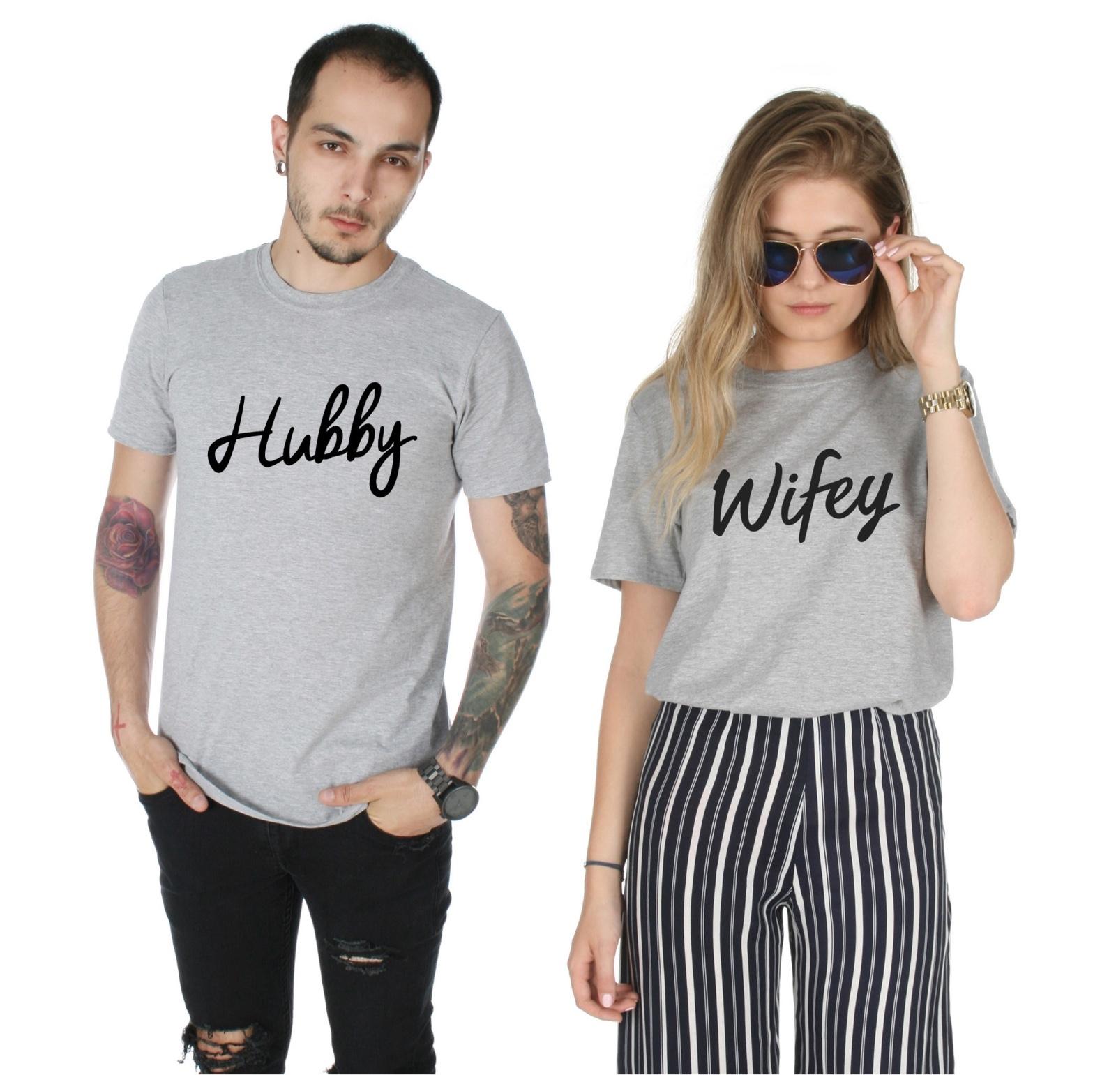 Hubby and Wifey Matching T-shirt T-shirts Set Top Funny Valentines Day His Hers L