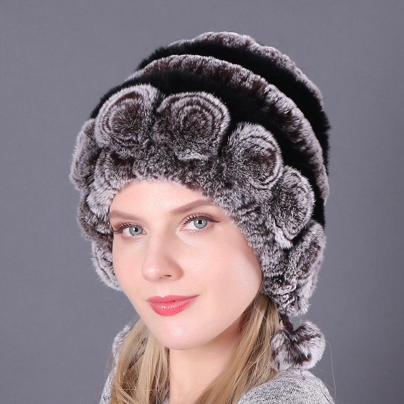 Frauen Herbst Winter Wärme Verdickte Gehörschutz Pelz Gras Rex Kaninchen Haar Hut Drei Ball Runde Strickmütze