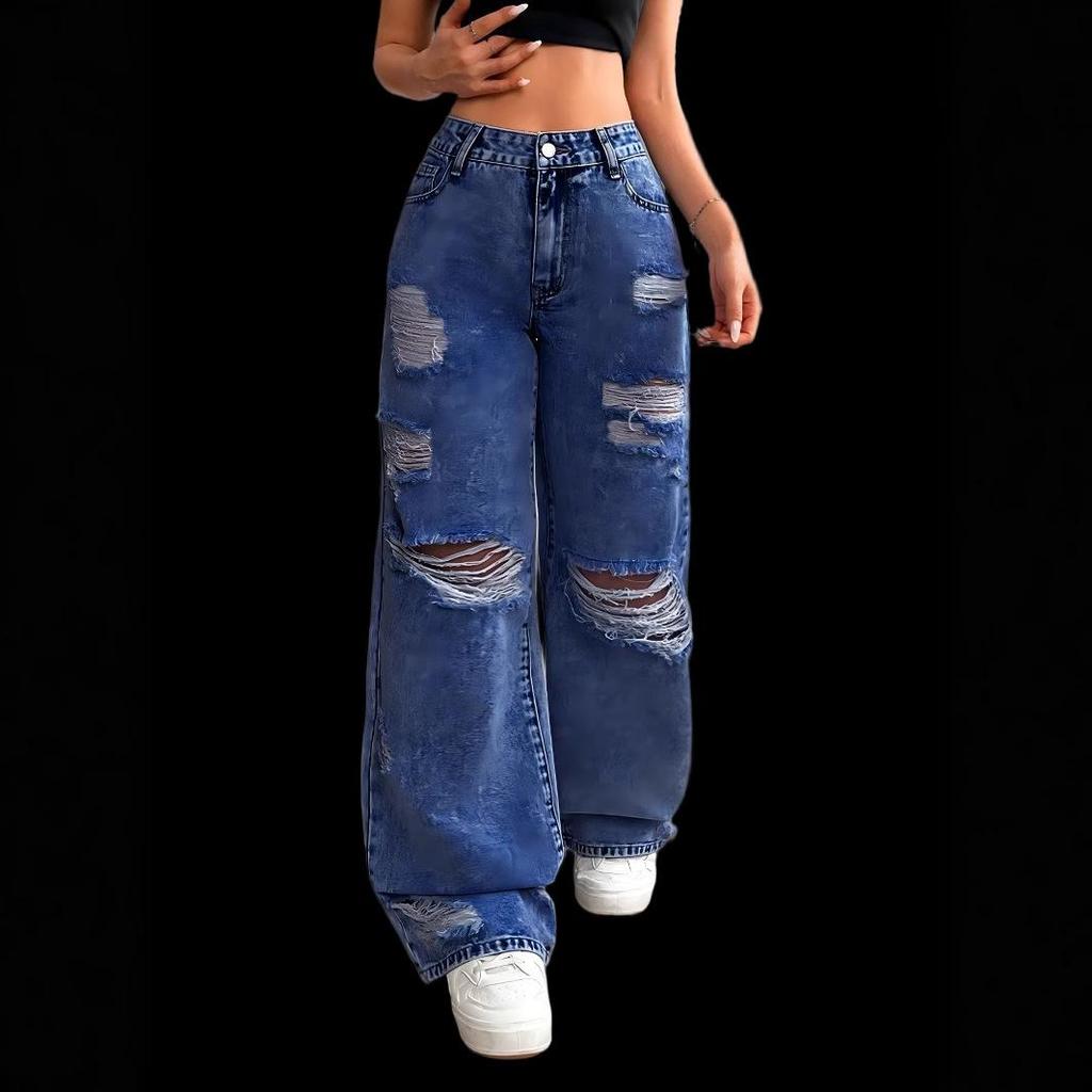New Women's Street Style Solid Color Washed Wide Leg Jeans, Loose Fit Straight Denim Pants for Casual INS Fashion