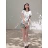 French white Henry collar front shoulder waist short-sleeved T-shirt women's summer unique design loose and thin t-shirt top