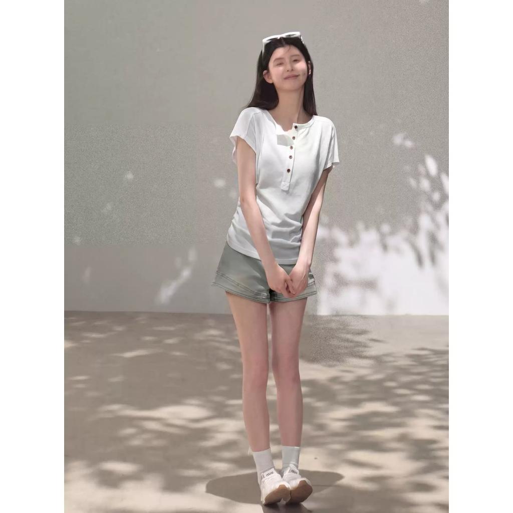 French white Henry collar front shoulder waist short-sleeved T-shirt women's summer unique design loose and thin t-shirt top