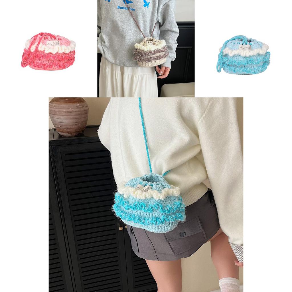 Cotton Linen Knitting Water Bucket Style Shoulder Bag For Kids And Teens