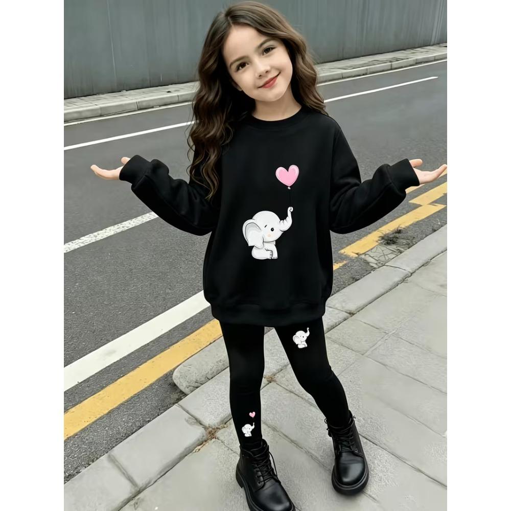 Girls' Cute Elephant Casual Comfortable Soft Loose Pullover Sweatshirt and Leggings 2-Piece Set, New Autumn/Winter, Playful, Sweet and Cool Style