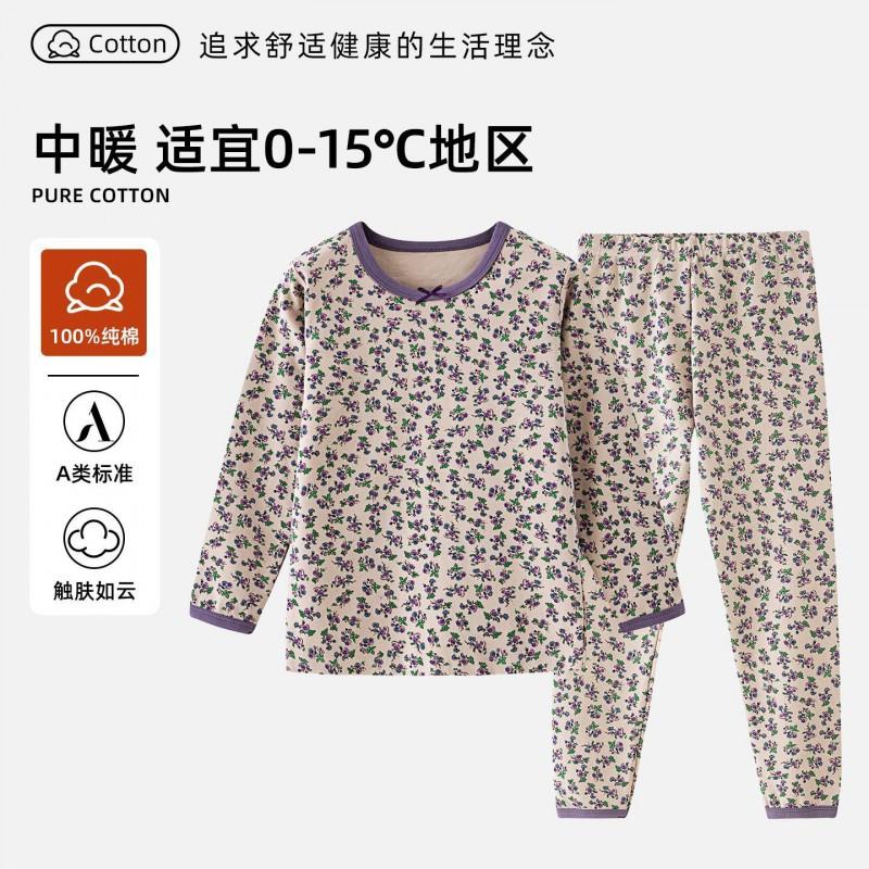 Girls Cotton Thermal Underwear Set A Class Kids Winter Warm Loungewear Cartoon Print