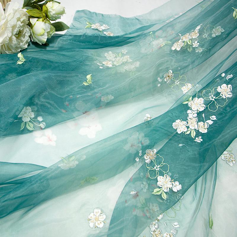 1M Flower Embroidery Gradient Tulle Fabric Flowing Lace Chiffon Fabric For Diy Sewing Chinese Style Hanfu Shirts Stage Costume