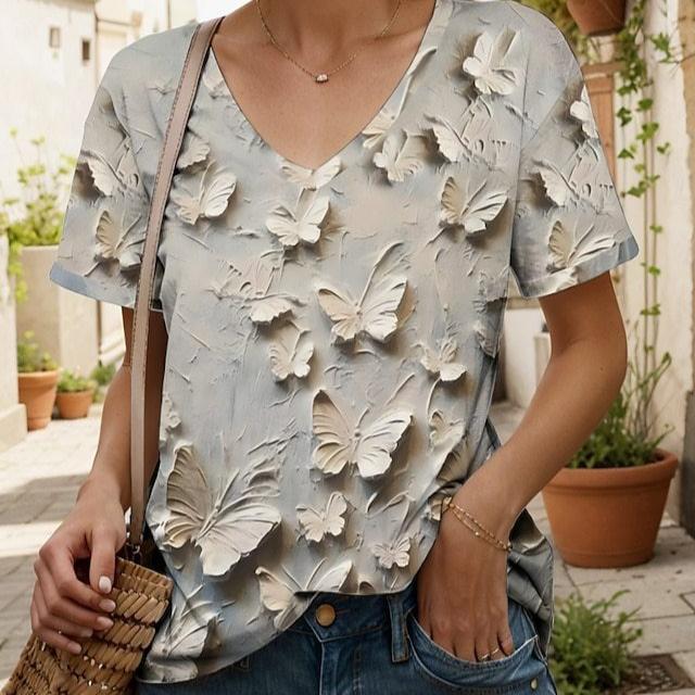 Vintage Women Floral Print T Shirt Short Sleeve V Neck Tops Comfortable T-shirts