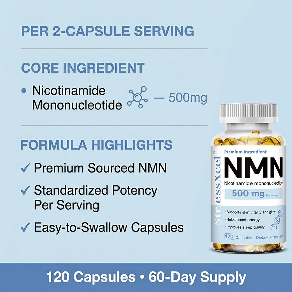 Nicotinamid-Mononukleotid 500 mg Nahrungsergänzungsmittel, 120 Weichkapseln pro Flasche