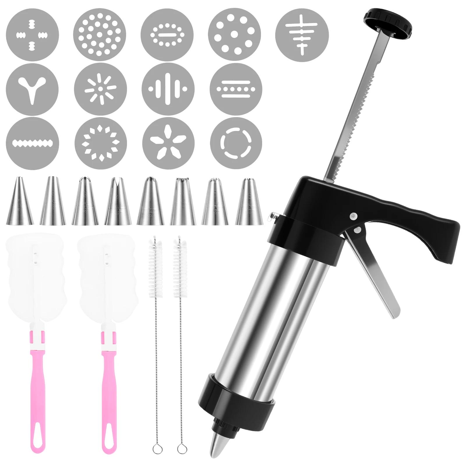 

Cookie Press Kit Detachable Stainless Steel Cookie Squeeze Gun Kit with 13 Biscuit Trays 8 Frosting Nozzles Kitchen Baking Tools