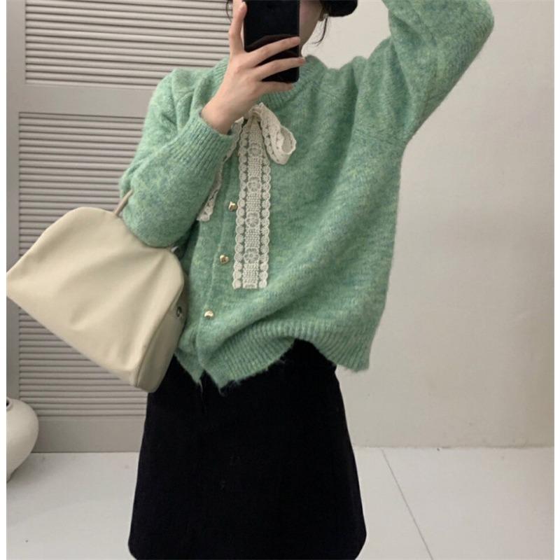 Crew Neck Bow Sweater Cardigan Women's Autumn and Winter Soft Waxy Lazy Wind Loose Knitted Jacket Thick