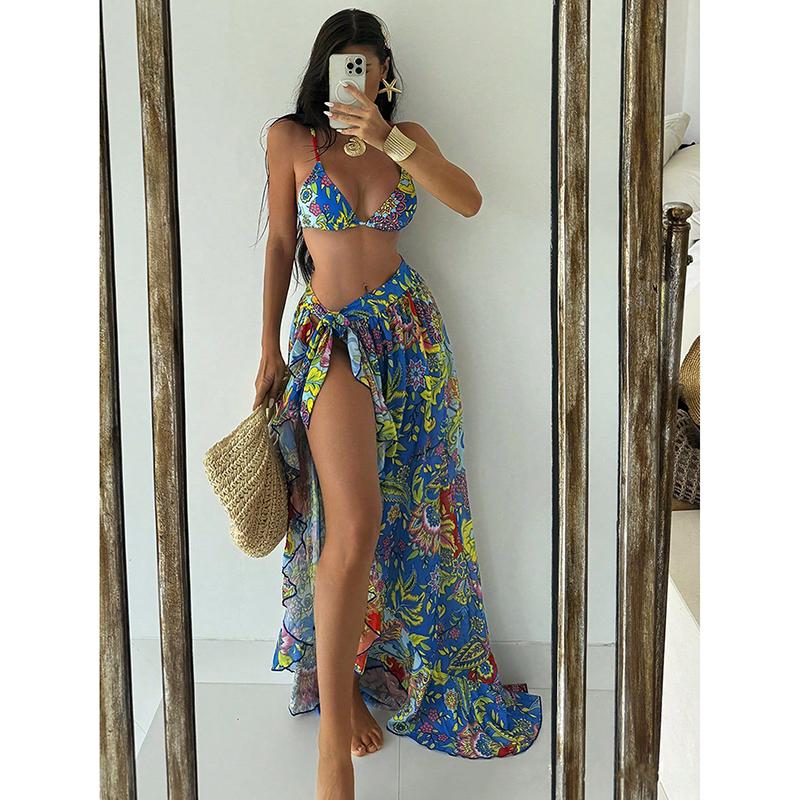 

Бикини Женский Купальник Новый Принт Халтер Без спинки Комплект Бикини Сексуальный Купальник Стринги Летний 3 Предмета Пляжный Купальный Костюм Женский L разноцветный