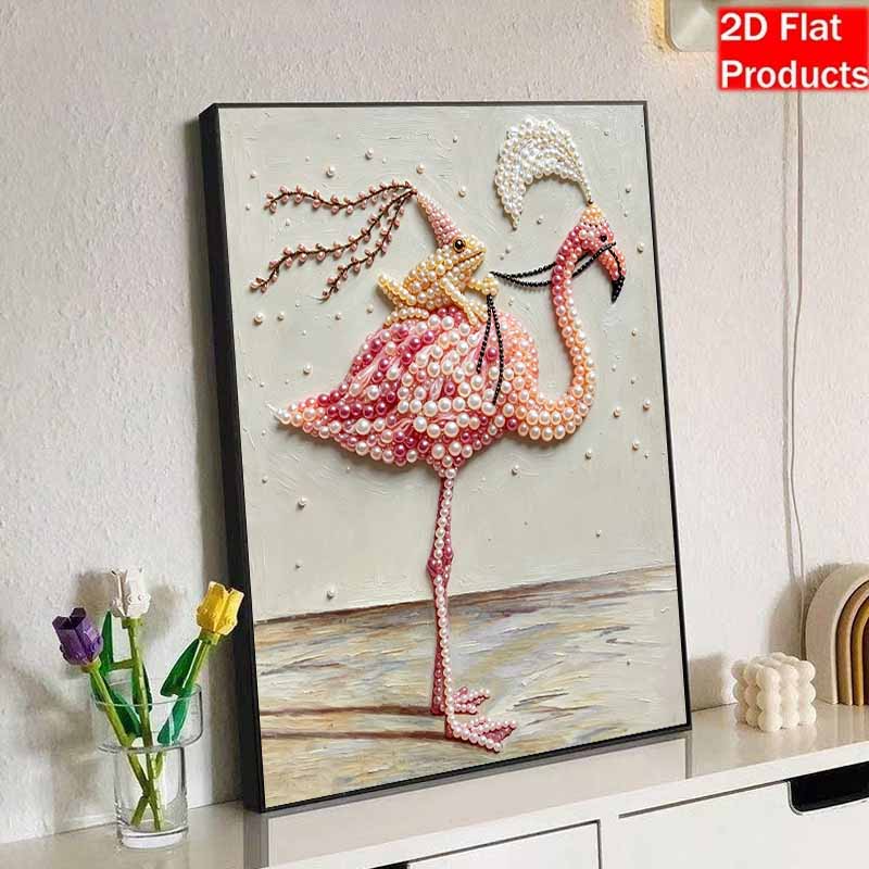 5D Pearl Painting Kit Framed with Flamingo Frog Design Sparkling Bead Art Canvas DIY Relaxing Craft for Wall Decor Gift Set Home Art